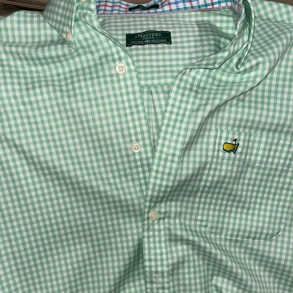 Peter Millar button up men’s dress shirt.. Lime Green and White checkered! Dang!